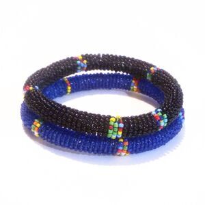 Pair of Wrapped Seed Bead Bangle Bracelets in Black and Blue